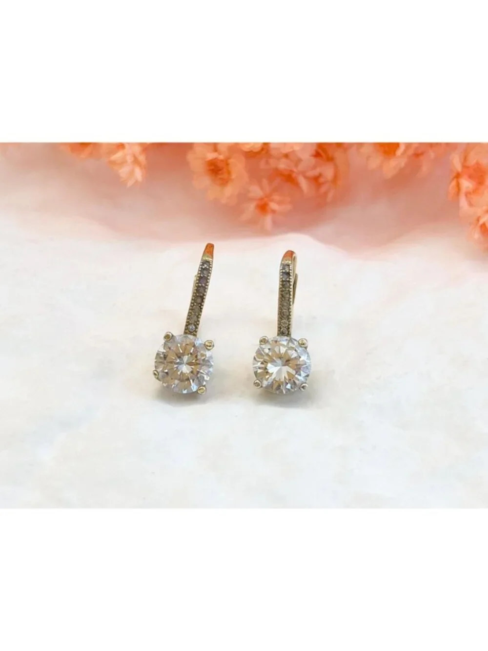 Round Cut CZ Gold Overlay Minimalist 925 Sterling Silver Vintage Earrings